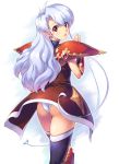  ass blue_hair boots character_request claret_(langrisser) gauntlets highres langrisser langrisser_v long_hair looking_back panties pantyshot pauldron pauldrons red_eyes shoulder_pads simple_background smile thigh-highs thigh_boots thighhighs uchiu_kazuma underwear wedgie wind_lift 