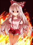  dress_shirt emyu fire fujishiro_emyu fujiwara_no_mokou hair_ribbon long_hair red_eyes ribbon shirt shorts solo suspenders touhou very_long_hair white_hair 