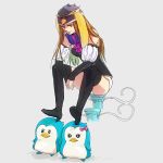  animal_hat bird black_legwear bow brown_hair elbow_gloves gloves hat long_hair mawaru_penguindrum penguin penguin_1-gou penguin_2-gou penguin_3-gou princess_of_the_crystal sitting smile takakura_himari thigh-highs thighhighs 