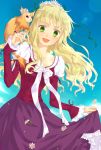  :&lt; blonde_hair blue_background claire_bennett collarbone dress dress_lift flower green_eyes highres okitune-sama purple_dress purple_eyes slip_skirt smile tales_of_(series) tales_of_rebirth violet_eyes 