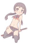  ao_no_exorcist ascot belt bikini_top blade_(artist) blade_(lovewn) blush cutoffs eyebrows hime_cut hime_eyebrows kamiki_izumo katana kirigakure_shura kirigakure_shura_(cosplay) navel short_eyebrows short_shorts shorts shy simple_background sword tears thighhighs twintails weapon 