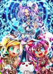  acid_trip blue_background boots bow cure_beat cure_melody cure_rhythm guitar hair_bow highres houjou_hibiki hummy_(suite_precure) instrument kurokawa_ellen love_guitar_rod magical_girl minamino_kanade multiple_girls musical_note ninomae precure siren_(suite_precure) staff_(music) suite_precure thigh_boots thighhighs treble_clef twintails 