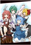  4girls animal_ears blonde_hair blue_hair cirno comb cutting_hair dress dress_shirt green_eyes green_hair hairdressing hat hat_removed headwear_removed holding holding_hat multiple_girls mystia_lorelei o_o osa_(ppitch) outstretched_arms pink_hair red_eyes rumia scissors shirt sitting smile spread_arms team_9 touhou tree_stump wings wriggle_nightbug youkai 