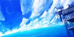  bou_nin braid building cloud clouds crescent_moon dress dutch_angle from_behind highres long_hair moon ocean original scenery sky solo summer_dress twin_braids water 