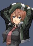 arms_up bad_id beret blue_eyes breasts brown_hair bust cropped_jacket eiyuu_densetsu face falcom hat impossible_clothes impossible_clothing jacket large_breasts looking_at_viewer necktie noel_seeker shaun_(fallenicons) short_hair simple_background smile solo zero_no_kiseki 