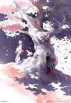  1boy 1girl against_tree animal artist_name cherry_blossoms original petals pomodorosa short_hair tree tree_shade 