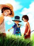  black_hair blonde_hair brothers family freckles goggles grass grin happy hat highres jacket male missing_tooth monkey_d_luffy multiple_boys one_piece outdoors pole portgas_d_ace red_shirt sabo_(one_piece) scar scarf siblings sky smile straw_hat top_hat tsuyomaru weapon young 
