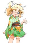  blonde_hair blue_eyes blush cat_ears earrings fang highres japanese_clothes jewelpet_(series) jewelpet_tinkle jewelry kimono miria_marigold_mackenzie nyama short_hair short_kimono short_yukata twintails wink yukata 