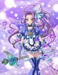  blue_legwear boots brooch choker cure_beat dress earrings frills g-clef_(suite_precure) heart jewelry kurokawa_ellen long_hair love_guitar_rod magical_girl mikonon musical_note precure purple_background purple_hair ribbon side_ponytail siren_(suite_precure) smile solo staff_(music) suite_precure thigh-highs thigh_boots thighhighs very_long_hair wand yellow_eyes 