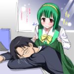  blush drooling glasses green_hair hairband idolmaster marugoshi_teppei otonashi_kotori producer_(idolmaster) red_eyes saliva short_hair sketch sleeping translated translation_request wavy_mouth 