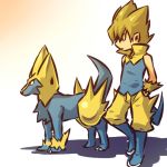  1boy blonde_hair boots cosplay hair hands_in_pockets hitec human male manectric moemon personification pointy_ears pokemon pokemon_(creature) pokemon_(game) pokemon_rse popped_collar spiked_hair spiky_hair standing tail 