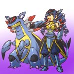  1girl armaldo armor blue_hair breasts cleavage cosplay drill_hair female hitec human moemon open_mouth personification pokemon pokemon_(creature) pokemon_(game) pokemon_rse smile tail twintails 