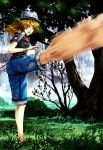  artist_request bad_id barefoot bracelet brown_hair copyright_request fedora feet fighting_pose fighting_stance flower grass hat highres jeans jewelry kicking martial_arts nature ponytail rose shorts solo t-shirt t_shirt torn_clothes torn_jeans tree water waterfall 