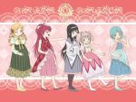  black_hair blonde_hair blue_hair dress drill_hair feader hair_ornament hair_ribbon highres kaname_madoka long_hair mahou_shoujo_madoka_magica miki_sayaka pantyhose pink_hair ponytail pregnant red_hair redhead ribbon sakura_kyouko short_hair short_twintails tomoe_mami twin_drills twintails wink work_in_progress 