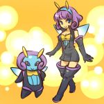  1girl blue_eyes boots breasts cleavage cosplay elbow_gloves female gloves hitec human illumise looking_at_viewer moemon personification pokemon pokemon_(creature) pokemon_(game) pokemon_rse popped_collar purple_eyes purple_hair smile thigh-highs thigh_boots thighhighs unzipped wings zettai_ryouiki 