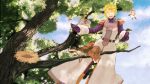  bird blonde_hair epaulettes est_(delafee) flying headwear_removed helmet helmet_off helmet_removed keith_goodman male power_suit short_hair sky_high smile solo superhero tiger_&amp;_bunny tree 