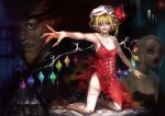  absurdres bare_shoulders blonde_hair blood bow character_request claws cross crystal dress fang flandre_scarlet hat hat_bow high_heels highres kneeling outstretched_arm red_eyes screaming shoes strap_slip sukya teeth touhou vampire white_legwear wings 