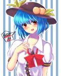  alternate_hair_length alternate_hairstyle bad_id blue_hair blush bow bust collar_tug food fruit hat head_tilt hinanawi_tenshi hot looking_at_viewer peach red_eyes ribbon sadomochi short_hair solo striped striped_background sweat touhou unbuttoned undressing 
