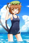  1girl animal_ears brown_hair cat_ears cat_tail chen clothed_navel cloud fang hand_on_hat hand_to_hat hat multiple_tails navel ocean one-piece_swimsuit open_mouth orange_eyes school_swimsuit short_hair sky solo swimsuit tail touhou wading water wink yellow_eyes 