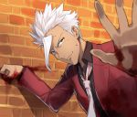  1boy black_shirt blood bloody_hands brick_wall collared_shirt dark_skin dark_skinned_male gundam gundam_tekketsu_no_orphans jacket looking_at_viewer male_focus necktie orga_itsuka red_jacket shirt sp;p spiky_hair white_hair white_neckwear yappen yellow_eyes 