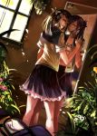  2girls bra different_reflection dutch_angle flower hair_bow hands holding lingerie mirror multiple_girls nako_(nonrain) open_shirt original plant potted_plant reflection school_uniform serafuku twintails underwear window 