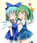  =_= ahoge arm_hug blue_hair bow child cirno closed_eyes daiyousei dress emyu eyes_closed fujishiro_emyu green_hair hair_bow heart hot multiple_girls no_nose popsicle side_ponytail suika_bar touhou watermelon_bar wings 