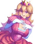  background blue_eyes blush breasts brooch bros. cleavage cleavage_cutout crown cutout dress earrings elbow elbow_gloves gloves highres jewelry large large_breasts long_hair mario metata mouth nintendo open open_mouth princess princess_peach purple_eyes smile solo super super_mario_bros. white white_background white_gloves 