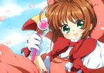  brown_hair card_captor_sakura cardcaptor_sakura child dress fuuin_no_tsue gloves green_eyes hat jinichu kinomoto_sakura magical_girl petals short_hair wand 