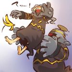  banana_peel barefoot cosplay dress dusknoir glowing grey_hair hitec human moemon open_mouth personification pokemon pokemon_(creature) pokemon_(game) pokemon_dppt sweatdrop translation_request 