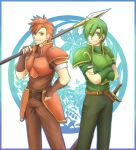  abel_(fire_emblem) armor belt cain_(fire_emblem) character_request crossed_arms fingerless_gloves fire_emblem fire_emblem:_mystery_of_the_emblem gloves green_eyes green_hair hand_on_hip hips male multiple_boys polearm red_eyes red_hair redhead spear sword weapon yoshiyanmisoko 