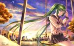  1girl green_hair hatsune_miku school_uniform sitting swing tidsean tree twintails vocaloid 