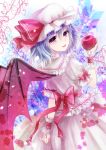  1girl apple back bad_id bat_wings blood blue_hair dress food fruit hat highres holding holding_apple holding_fruit nunucco open_mouth purple_eyes red_eyes remilia_scarlet short_hair solo touhou violet_eyes wings 