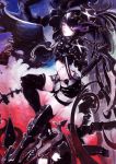  belt beltskirt black_hair black_rock_shooter boots chain chains gauntlets greaves highres insane_black_rock_shooter long_hair midriff purple_eyes renzuoen scar shorts solo traditional_media twintails very_long_hair violet_eyes 