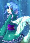  1girl ass blue_hair curly_hair fish_ears green_eyes highres looking_back mermaid monster_girl naonakamura open_mouth solo touhou underwater wakasagihime 