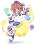  1girl :d arle_nadja armor armored_dress blob boots brown_eyes brown_hair capelet dango_mushi half_updo open_mouth outstretched_arms puyo_(puyopuyo) puyopuyo short_hair skirt smile spread_arms white_background 