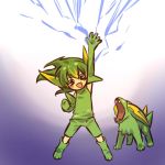  cosplay elbow_gloves electricity electrike fang gloves green_hair hand_raised hitec human male moemon open_mouth personification pokemon pokemon_(creature) pokemon_(game) pokemon_rse raised_hand shorts 
