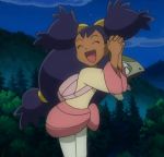  1girl animated animated_gif axew big_hair blue_hair dancing dark_skin forest gym_leader hair_ornament iris_(pokemon) night pokemon pokemon_(creature) smile trees 
