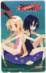  asagi_(nippon_ichi) asagiri_asagi barefoot black_eyes black_hair blonde_hair disgaea earrings flonne hair_ornament hair_pins hairclip happy harada_takehito jewelry long_hair multiple_girls nippon_ichi official_art phonecard pointy_ears prinny_can_i_really_be_the_hero? short_hair swimsuit water water_float 