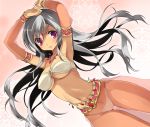  1girl armband armpits bandeau belly_chain bracelet breasts cleavage copyright_request dancer dark_skin erect_nipples grey_hair harem_outfit harem_pants highres jewelry long_hair midriff nail_polish navel necklace o-ring_top purple_eyes see-through solo under_boob underboob yukiwo 