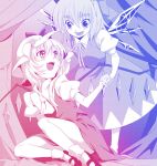  bare_legs bow cirno eye_contact fangs flandre_scarlet gradient hand_golding hat holding_hands looking_at_another multiple_girls ripton_sabo short_hair sitting slit_pupils smile touhou wings 