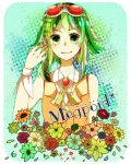  chitose face flower goggles goggles_on_head green_eyes green_hair gumi headphones highres nail_polish petals short_hair smile solo vocaloid 