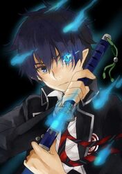  blue_eyes blue_fire blue_hair fire flame glowing glowing_eye katana kurot necktie okumura_rin pointy_ears school_uniform sheath short_hair solo striped striped_necktie sword unsheathing weapon 