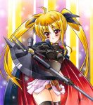  axe bardiche belt blonde_hair fate_testarossa gloves leotard long_hair lyrical_nanoha mahou_shoujo_lyrical_nanoha mahou_shoujo_lyrical_nanoha_the_movie_1st red_eyes shikishi solo thigh-highs thighhighs traditional_media twintails weapon yuto_cafe 