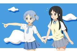  2girls akiyama_mio black_eyes black_hair blue_eyes blue_hair cloud company_connection crossover fukuoka_katsumi hair_cubes hair_ornament hand_holding holding_hands k-on! kyoto_animation long_hair multiple_girls naganohara_mio namesake nichijou no_nose pointing school_uniform serafuku short_hair skirt twintails 