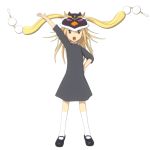  animal_hat arms_up bad_id bird blonde_hair brown_eyes bunny_drop child cosplay crossover dress flat_chest hand_on_hip hat hips kaga_rin kneehighs long_hair mary_janes mawaru_penguindrum object_on_head open_hand open_mouth outstretched_arm outstretched_hand parody penguin princess_of_the_crystal princess_of_the_crystal_(cosplay) season_connection seizon_senryaku shoes simple_background solo standing takakura_himari teeth tomop transparent_background usagi_drop white_legwear 