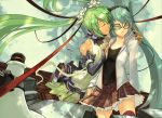  aqua_hair bigegg bridal_gauntlets cable closed_eyes dual_persona elbow_gloves eyes_closed glasses gloves green_hair hatsune_miku hatsune_miku_(append) kocchi_muite_baby_(vocaloid) long_hair miku_append multiple_girls project_diva project_diva_2nd skirt twintails very_long_hair vocaloid vocaloid_append 