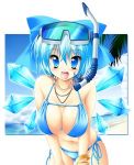  adult bikini blue_eyes blue_hair bow bracelet breasts cirno cleavage goggles goggles_on_head hair_bow jewelry kamiya_tomoe large_breasts leaning_forward lowres necklace open_mouth ribbon side-tie_bikini skindentation snorkel solo string_bikini swimsuit touhou wings 