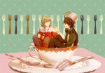  barnaby_brooks_jr blonde_hair boots brown_eyes brown_hair coffee cup facial_hair food fork fruit glasses green_eyes hat kaburagi_t_kotetsu kumayu male multiple_boys necktie pot saucer short_hair sitting solo spoon strawberry stubble teacup tiger_&amp;_bunny vest 