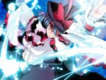  blue_hair bow electricity frills hat inuinui nagae_iku pointing red_eyes shawl short_hair skirt solo touhou 