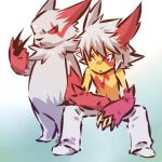  1boy claws cosplay detached_sleeves hair hitec human male moemon pants personification pokemon pokemon_(creature) pokemon_(game) pokemon_rse red_eyes red_hair redhead shoes short_hair sitting spiked_hair spiky_hair tattoo topless white_hair zangoose 